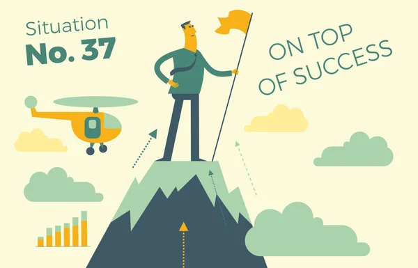 İş durumlarını gösteren iş bilgisi grafikleri. İş adamı bayrağıyla başarı dağının tepesinde duruyor. Üst düzey yönetici ve lider hedefe ulaştı. Vektör illüstrasyon düz tasarım.