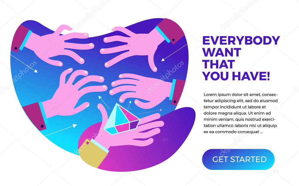 Business infographics with illustrations of business situations. The hand holds the jewel while the other hands reach for the object. The desire to share, to take, to have value.  Vector illustration of flat design.