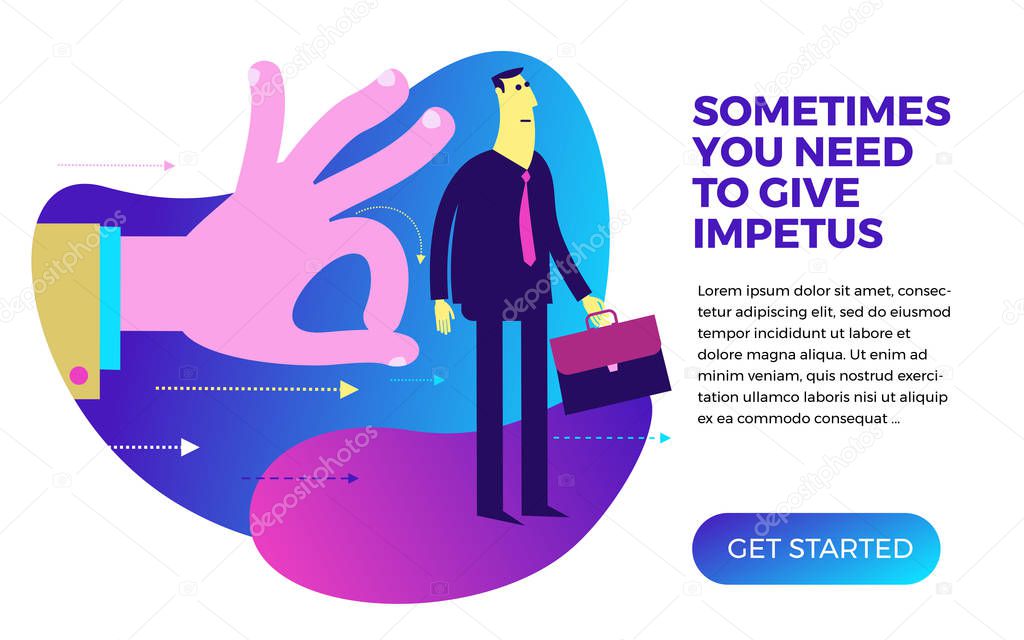 Business infographics with illustrations of business situations. The hand gives impetus to an indecisive businessman to start a business. Help, support, decision making. Vector illustration flat design.