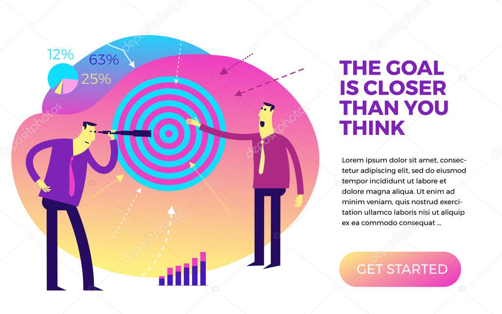 Business infographics with business situations, goal achievement, career, profession. Target audience, customer search. Businessman looking into a telescope at the target target. Shoots at the target, the arrow hits the target.