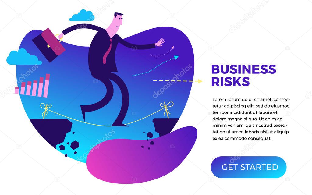 Business infographics with illustrations of business situations. Businessman tightrope Walker goes through the abyss on the rope, keeps balance, balances. Business risk, hard work.