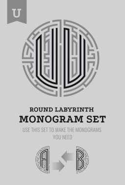 U letter maze. Set for the labyrinth logo and monograms, coat of arms, heraldry. clipart