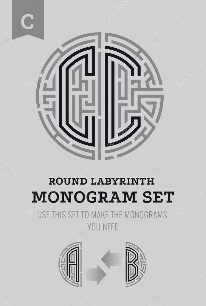 C letter maze. Set for the labyrinth logo and monograms, coat of arms, heraldry.