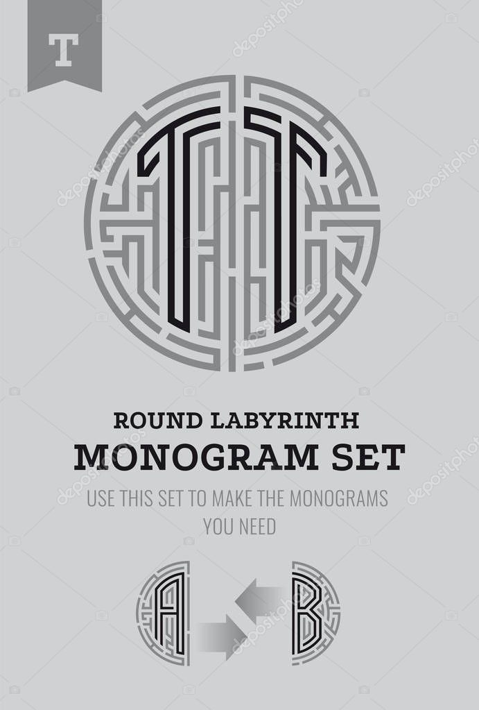 T letter maze. Set for the labyrinth logo and monograms, coat of arms, heraldry.