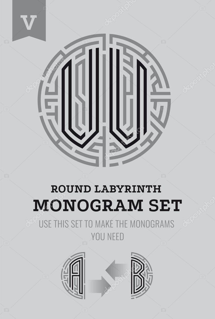 V letter maze. Set for the labyrinth logo and monograms, coat of arms, heraldry.