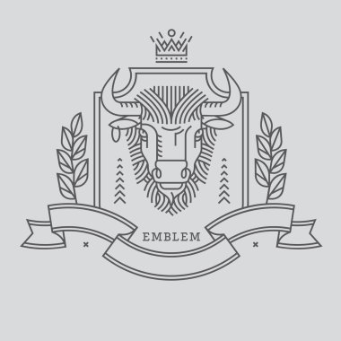 Amblem, rozet bir boğa'nın kafası. Şerit, sloganı, bir defne çelengi, bir satır ve bir bıçak doğrusal gravür tarzı tasarım prim logosu veya amblem. Güç, azim, Emanet taç sembolü ile boğa.