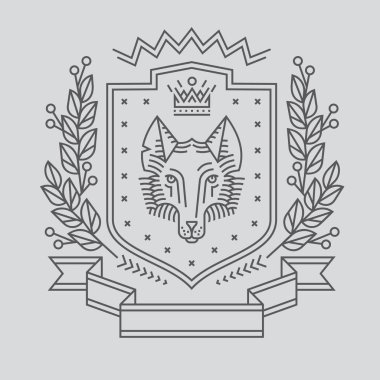 Amblem, rozet fox kafa ile. Şerit, sloganı, defne çelengi, yay, ok, premium logo veya arması için doğrusal tasarım oyma kılıç tarzı. Fox taçlı, asalet ve esneklik sembolüdür.