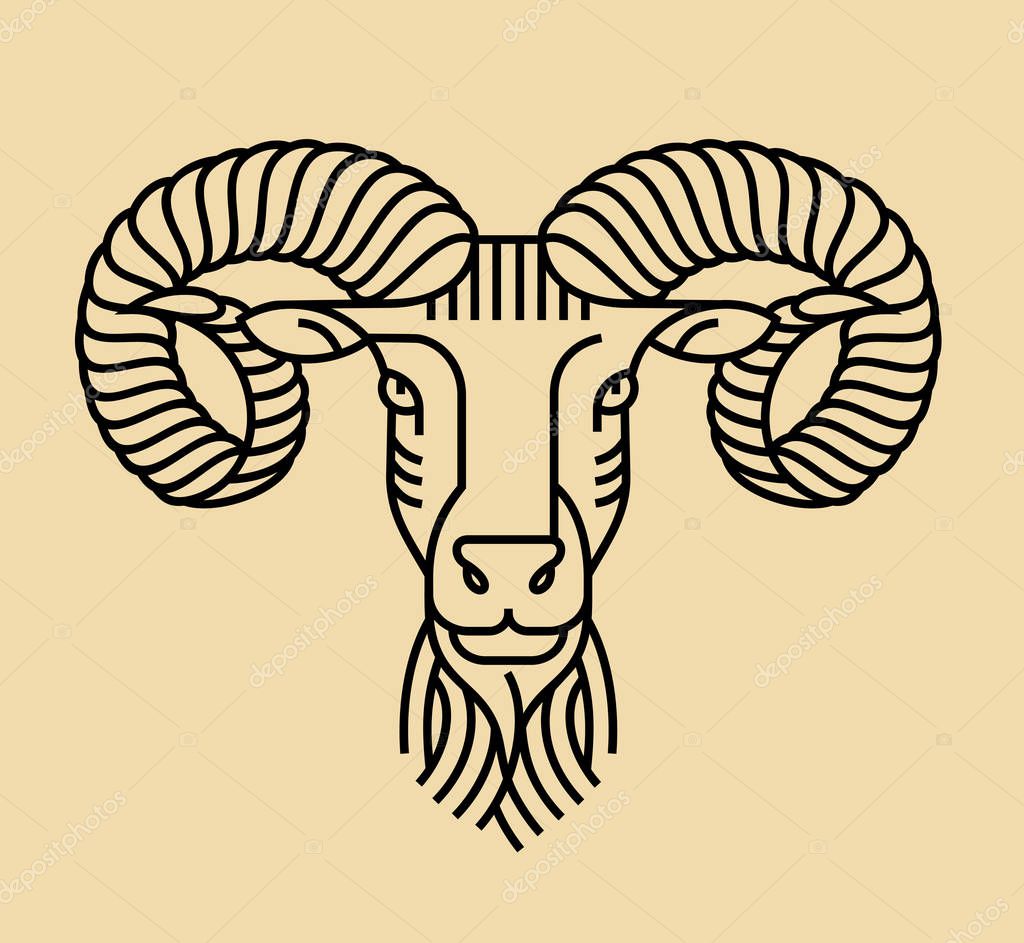 Emblem, badge with a ram head in the style of linear engravings, armorial symbols. Aries zodiac sign.