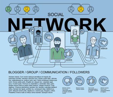 Doğrusal tasarım tarzında Internet ağ şeması. Sanal iletişim. Simgeler sosyal ağların, taraftar grupları.