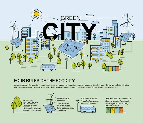 Yeşil şehir, akıllı şehir kavramı. Modern çevre dostu teknoloji. Doğrusal tasarım tarzında şehir panoraması. Çevre simgeleri ile akıllı enerji.