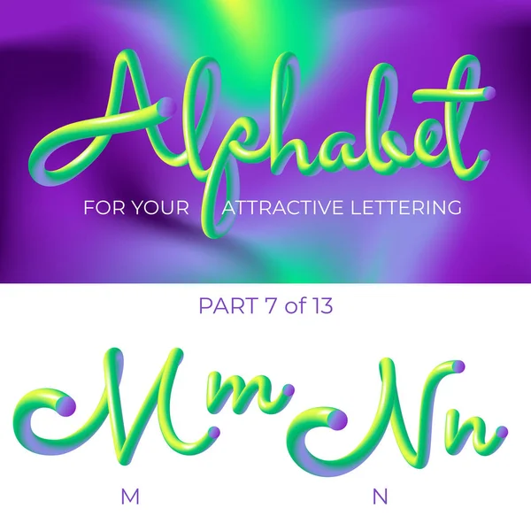 3D χρώμα νέον LED αλφάβητο. Λογότυπο M γράμμα, N γράμμα με στρογγυλεμένα σχήματα. Ματ τρία-διαστατική γράμματα από το σωλήνα, σχοινί πράσινο και μωβ. Σωλήνας με χειροποίητα γράμματα. Τυπογραφία για μουσική αφίσα, πώληση banner, διαφήμιση. Πολύχρωμη υπεριώδης Co — Διανυσματικό Αρχείο