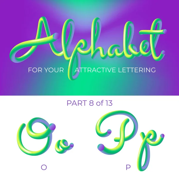 Polices d'alphabet LED néon 3D. Logo lettre O, lettre P avec des formes arrondies. Lettres tridimensionnelles mates du tube, corde verte et violette. Tube dessiné à la main Lettrage. Typographie pour affiche musicale, bannière de vente, publicité. Multicolor Ultraviolet Co — Image vectorielle