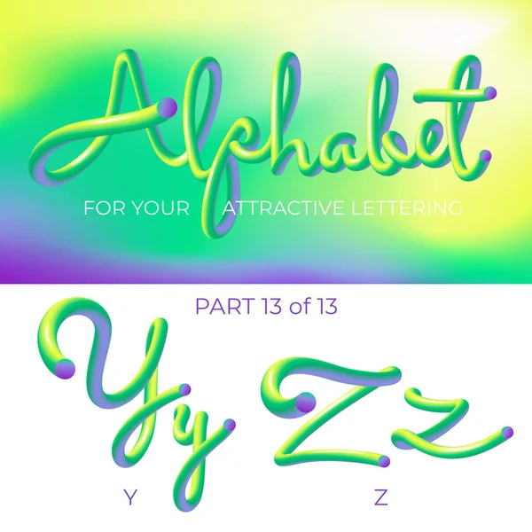 3D χρώμα νέον LED αλφάβητο. Λογότυπο Y γράμμα, Z γράμμα με στρογγυλεμένα σχήματα. Ματ τρία-διαστατική γράμματα από το σωλήνα, σχοινί πράσινο και μωβ. Σωλήνας με χειροποίητα γράμματα. Τυπογραφία για μουσική αφίσα, πώληση banner, διαφήμιση. Πολύχρωμη υπεριώδης Co — Διανυσματικό Αρχείο