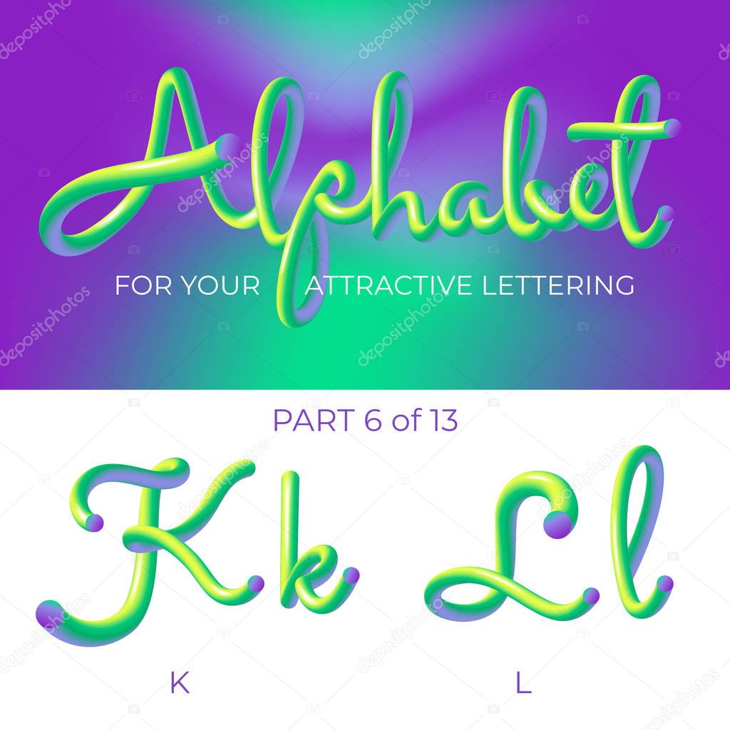 3D neon led alphabet font. Logo K letter, L letter with rounded shapes. Matte three-dimensional letters from the tube, rope green and purple.  Tube Hand-Drawn Lettering. Typography for Music Poster, Sale Banner, Advertising. Multicolor Ultraviolet.