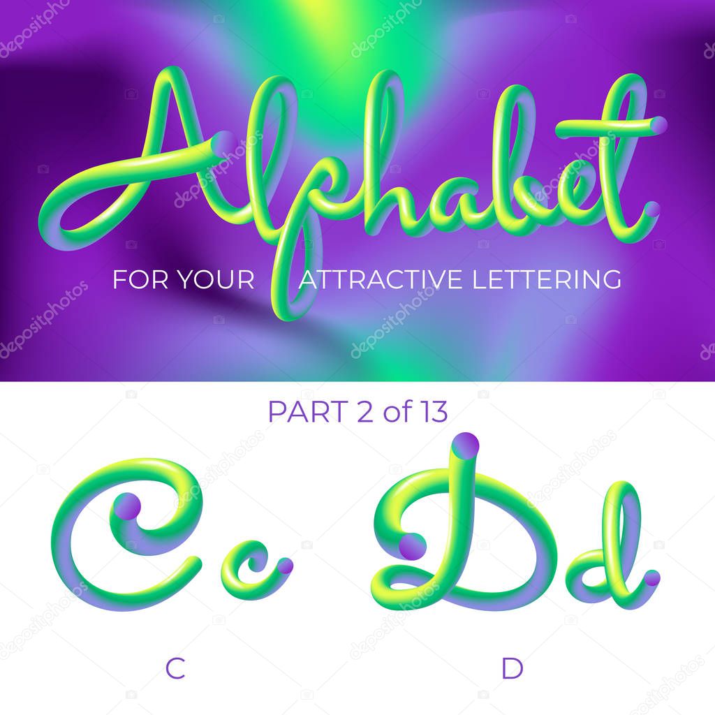 3D neon led alphabet font. Logo D letter, C letter with rounded shapes. Matte three-dimensional letters from the tube, rope green and purple.  Tube Hand-Drawn Lettering. Typography for Music Poster, Sale Banner, Advertising. Multicolor Ultraviolet .