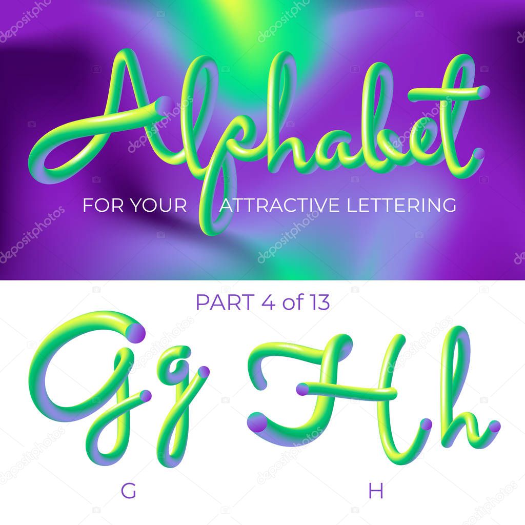 3D neon led alphabet font. Logo G letter, H letter with rounded shapes. Matte three-dimensional letters from the tube, rope green and purple.  Tube Hand-Drawn Lettering. Typography for Music Poster, Sale Banner, Advertising. Multicolor Ultraviolet Co