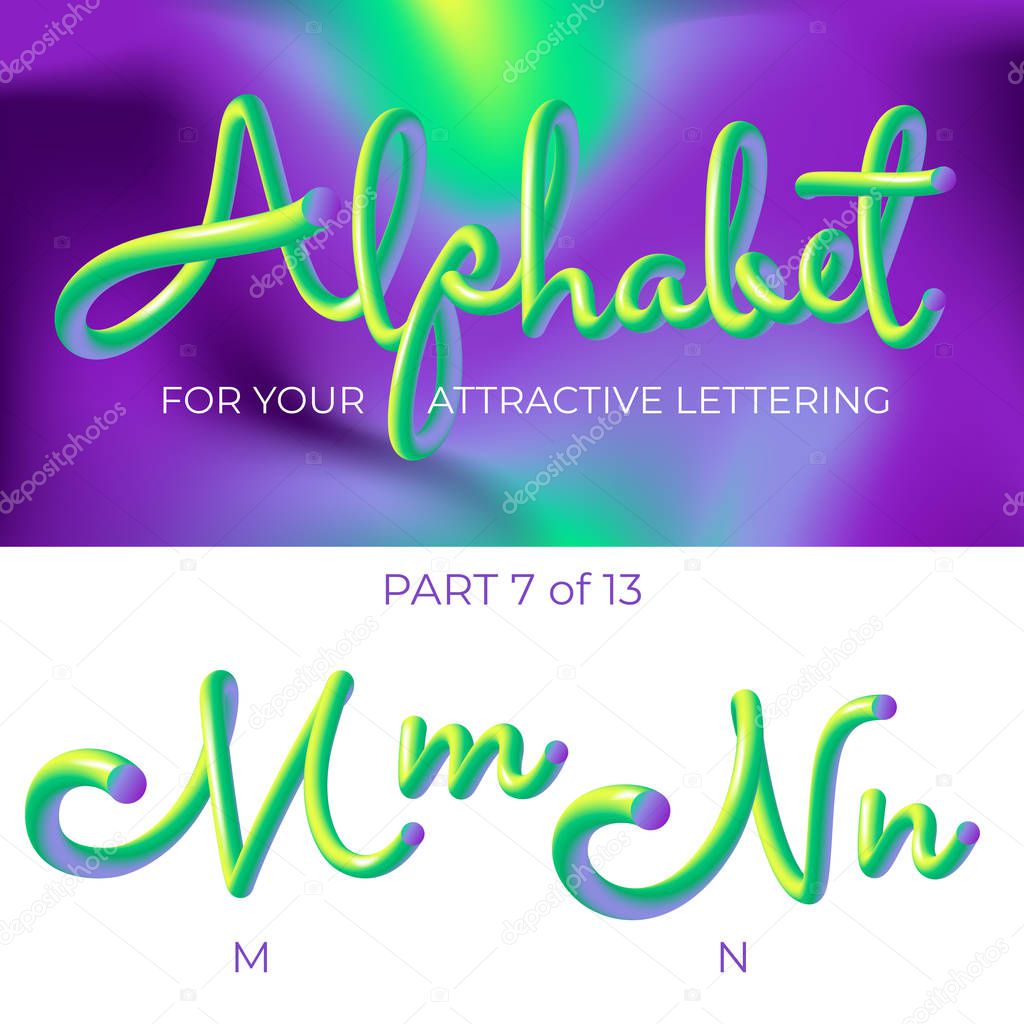 3D neon led alphabet font. Logo M letter, N letter with rounded shapes. Matte three-dimensional letters from the tube, rope green and purple.  Tube Hand-Drawn Lettering. Typography for Music Poster, Sale Banner, Advertising. Multicolor Ultraviolet Co