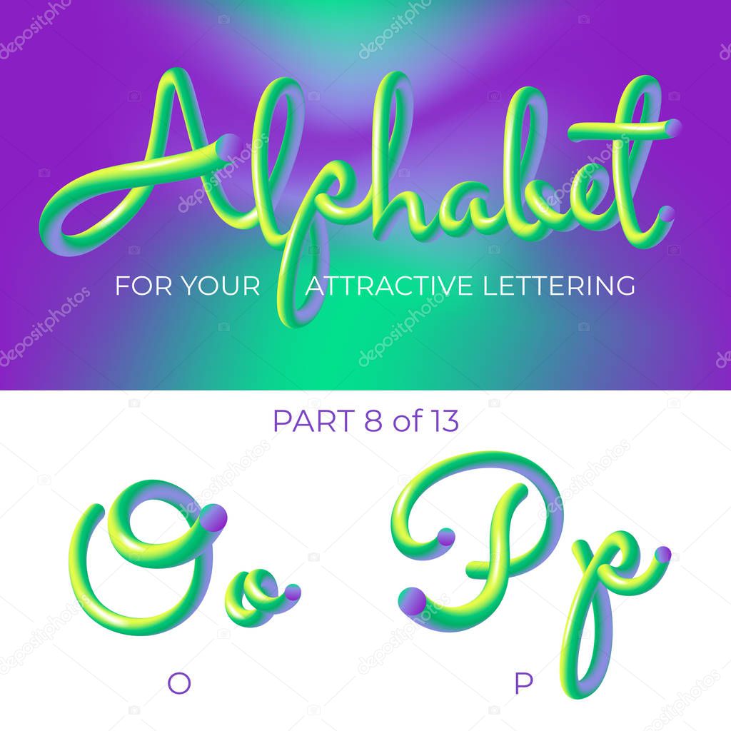 3D neon led alphabet font. Logo O letter, P letter with rounded shapes. Matte three-dimensional letters from the tube, rope green and purple.  Tube Hand-Drawn Lettering. Typography for Music Poster, Sale Banner, Advertising. Multicolor Ultraviolet Co