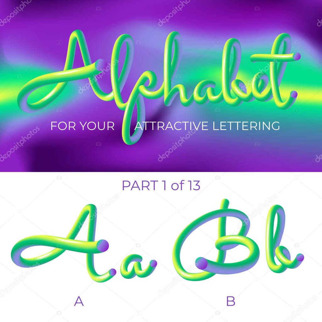 3D neon led alphabet font. Logo A letter, B letter with rounded shapes. Matte three-dimensional letters from the tube, rope green and purple.  Tube Hand-Drawn Lettering. Typography for Music Poster, Sale Banner, Advertising. Multicolor Ultraviolet Co