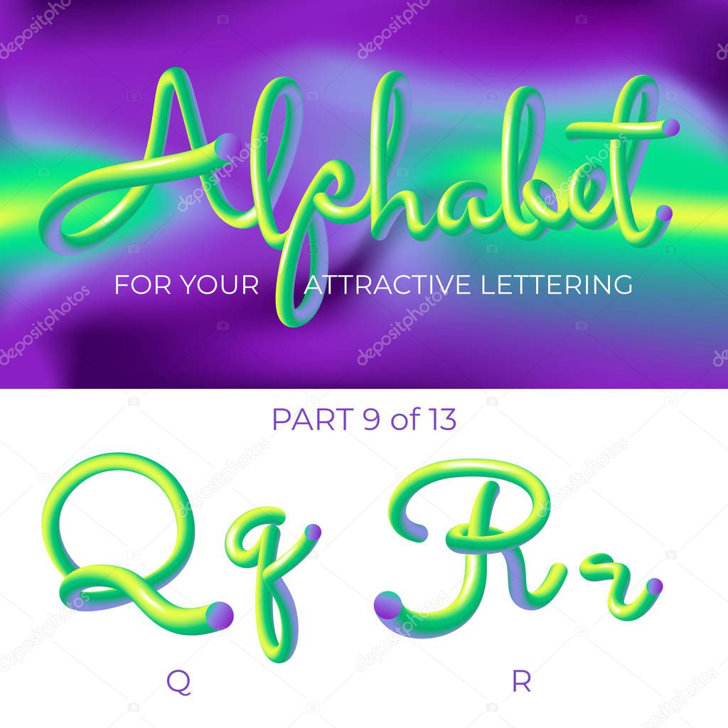 3D neon led alphabet font. Logo Q letter, R letter with rounded shapes. Matte three-dimensional letters from the tube, rope green and purple.  Tube Hand-Drawn Lettering. Typography for Music Poster, Sale Banner, Advertising. Multicolor Ultraviolet Co