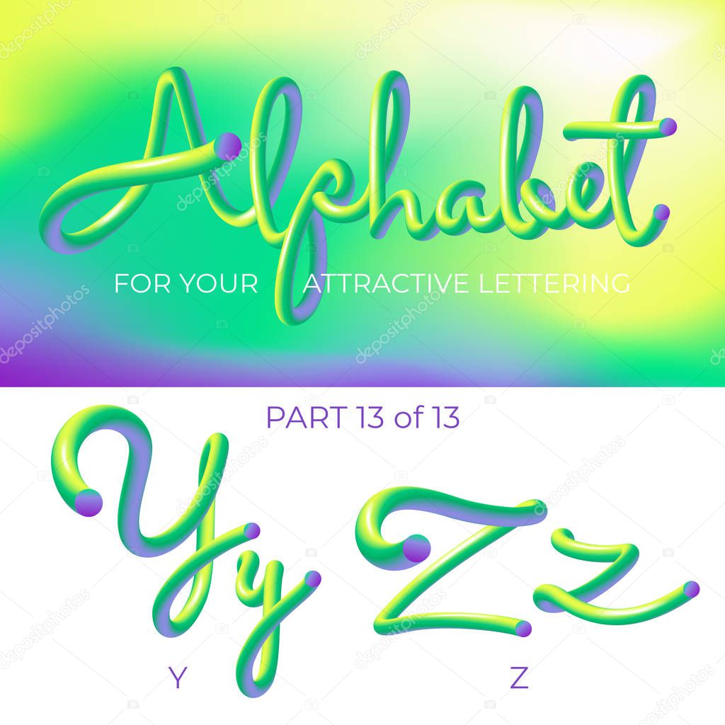 3D neon led alphabet font. Logo Y letter, Z letter with rounded shapes. Matte three-dimensional letters from the tube, rope green and purple.  Tube Hand-Drawn Lettering. Typography for Music Poster, Sale Banner, Advertising. Multicolor Ultraviolet Co