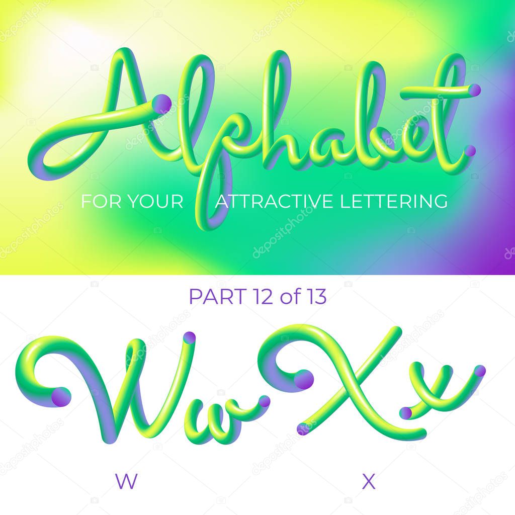 3D neon led alphabet font. Logo W letter, X letter with rounded shapes. Matte three-dimensional letters from the tube, rope green and purple.  Tube Hand-Drawn Lettering. Typography for Music Poster, Sale Banner, Advertising. Multicolor Ultraviolet 
