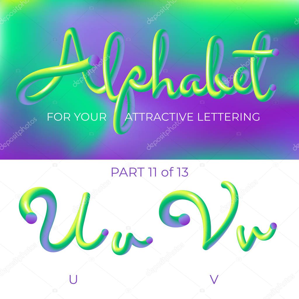 3D neon led alphabet font. Logo U letter, V letter with rounded shapes. Matte three-dimensional letters from the tube, rope green and purple.  Tube Hand-Drawn Lettering. Typography for Music Poster, Sale Banner, Advertising. Multicolor Ultraviolet 