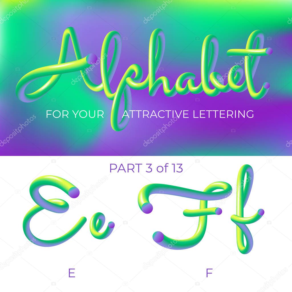 3D neon led alphabet font. Logo E letter, F letter with rounded shapes. Matte three-dimensional letters from the tube, rope green and purple.  Tube Hand-Drawn Lettering. Typography for Music Poster, Sale Banner, Advertising. Multicolor Ultraviolet 
