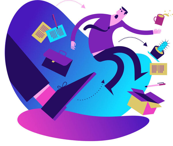 Business infographics with illustrations of business situations. A man gets kicked out of his job. Kicked in the back. Dismissal, unemployment. Flat illustration design for presentation, web, landing page.