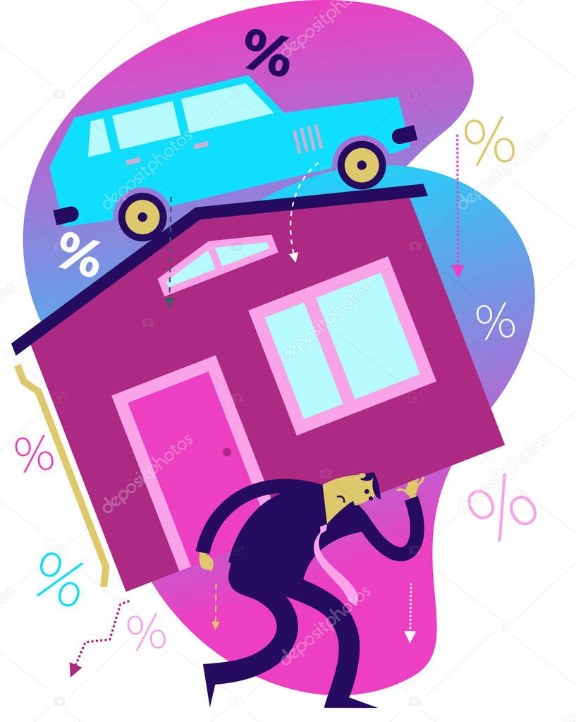 Flat design illustration for presentation, web, landing page: A man holds a house and a car on himself. Large and heavy loan payments.