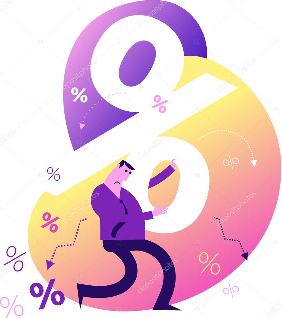 Flat design illustration for presentation, web, landing page: A man holds in his hands a big percent sign. Large and heavy loan payments.