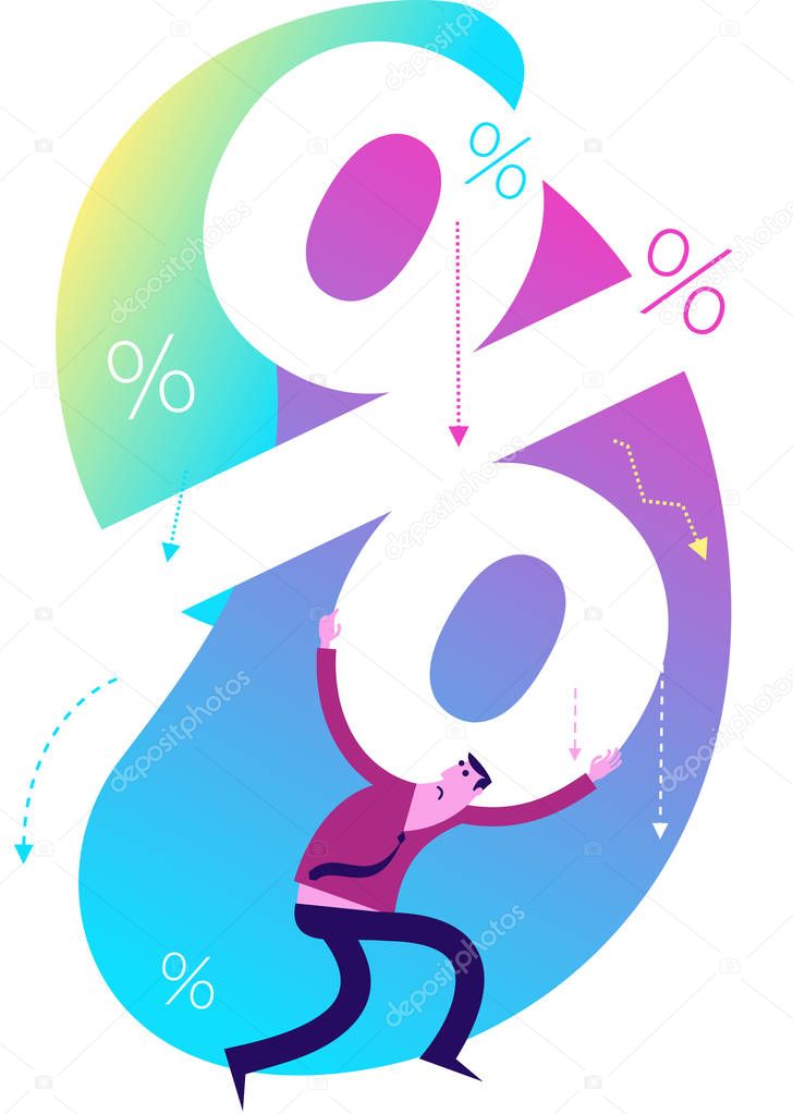 Flat design illustration for presentation, web, landing page: A man holds in his hands a big percent sign. Large and heavy loan payments.