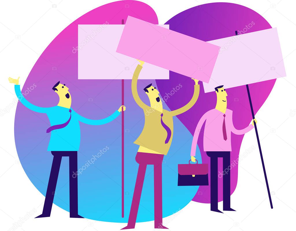 Flat design illustration for presentation, web, landing page: Businessmen are holding posters and banners.  People protest, Express their opinion. The strike of unionism.