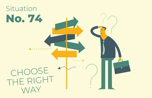 Düz illüstrasyon tasarımı. Adam oklarla işaretçilerin yanında duruyor, nereye gideceğini düşünüyor. Karar verme, seçim. Sunum için resim, web, açılış sayfası.