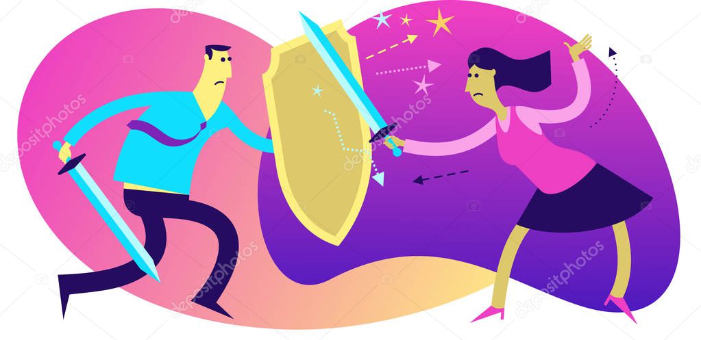 Flat design illustration for presentation, web, landing page: A man attacks with a sword on a woman. A woman defends herself with a shield. The fight men and women. Competitive struggle.