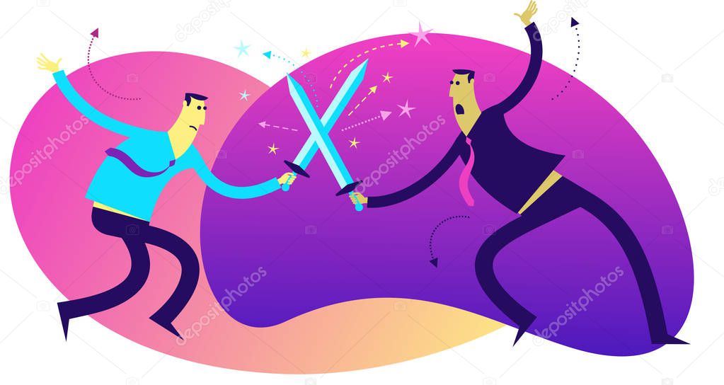 Flat design illustration for presentation, web, landing page: Two men fight in a duel with swords. Competition, rivalry of people, companies.
