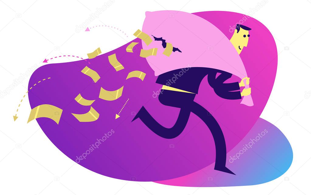 Business infographics with illustrations of business situations. A man runs with a bag of money, and money pours from a hole in the bag. Losing money. Robber. Theft. Flat design illustration for presentation, web, landing page.