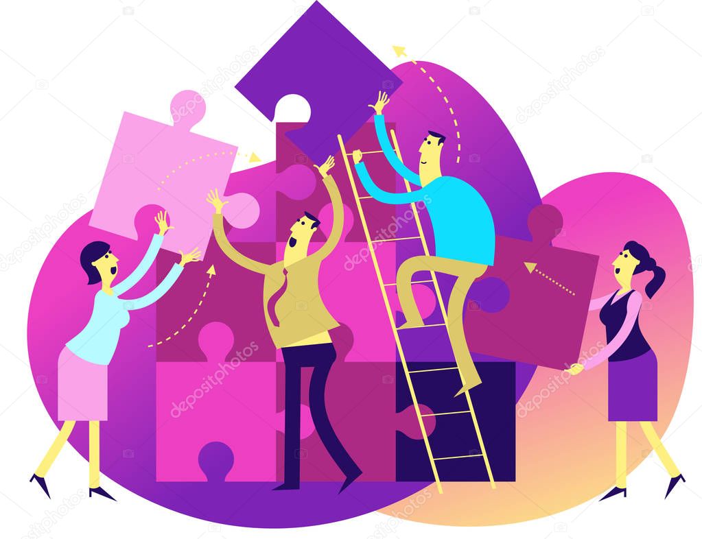 Business infographics. Flat illustration design for presentation, web, landing page: a team of men and women build a puzzle. Teamwork. Project work. Goal achievement, career, profession.