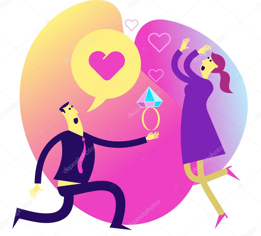Flat design illustration for presentation, web, landing page: A man kneels in front of a woman, gives her his heart. I love you. A woman requires a wedding ring. Proposal for marriage.