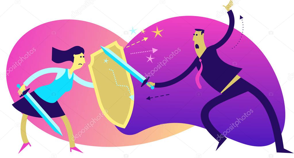 Flat design illustration for presentation, web, landing page: A man attacks with a sword on a woman. A woman defends herself with a shield. The fight men and women. Competitive struggle.