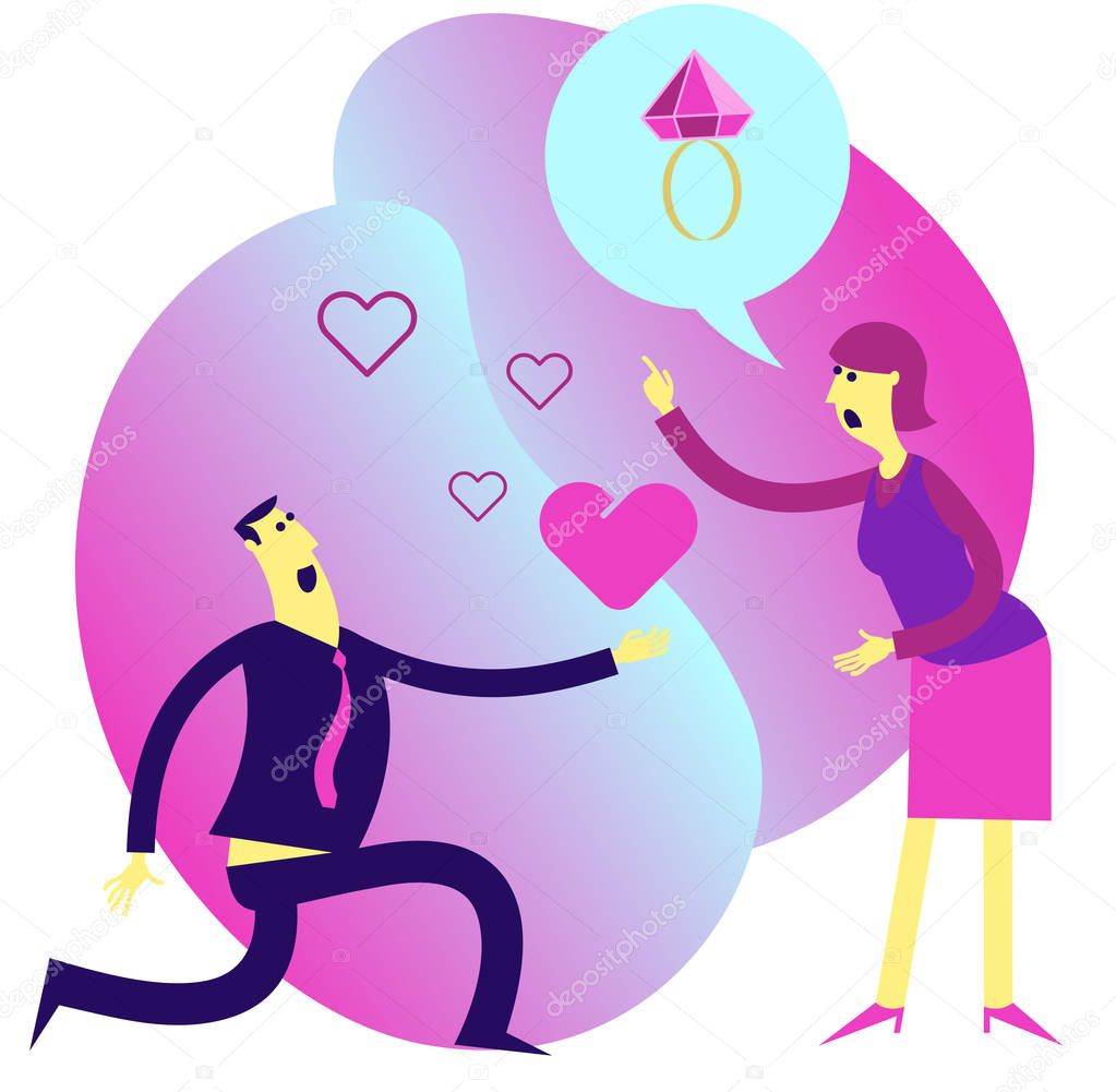 Flat design illustration for presentation, web, landing page: A man kneels in front of a woman, gives her a ring and his heart. I love you. Proposal for marriage.