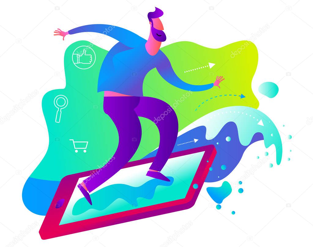 Cartoon character illustration for web design, presentation, infographic, landing page: IT, Internet, net surfing. network business, network marketing. A man stands on a smartphone, floating on the Internet.