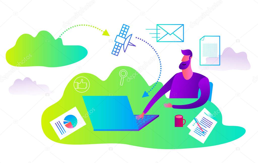 Cartoon character illustration for web design, presentation, infographic, landing page: Man uses cloud service. The employee sits at the computer in the office.