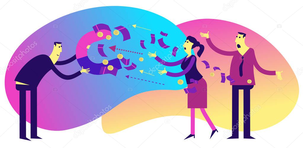 Flat illustration design for presentation, web, landing page, infographics: cartoon characters men businessmen and women, magnet attracts money. Financial fraud, the fraudster takes the money.