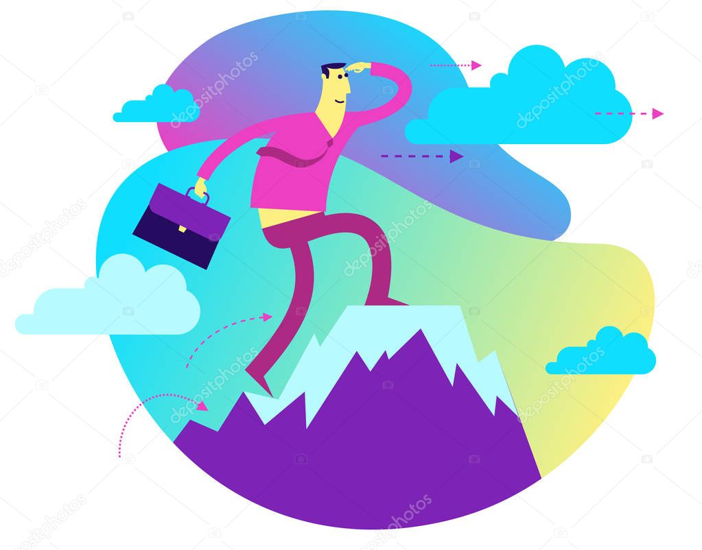Business infographics with illustrations of business situations. businessman stands on top of success mountain. Top manager, leader achieved the goal. Vector illustration flat design.