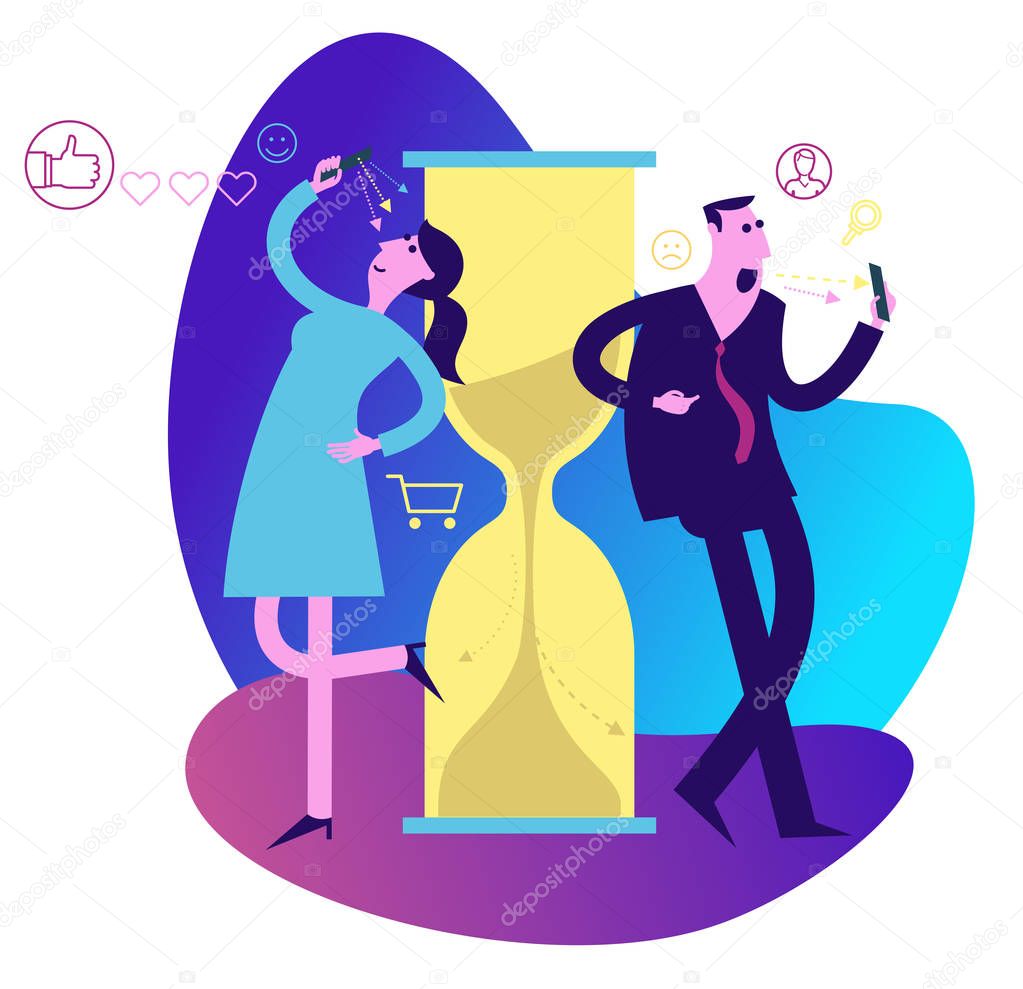 Illustration of cartoon character for web design, presentation, infographic, landing page: How much time men and women spend on the Internet. Virtual life, social networks, Dating and communication, selfie.