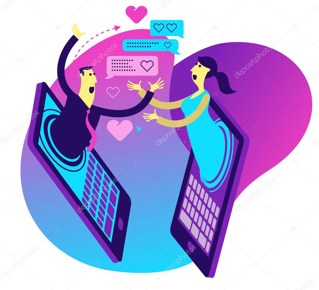 Cartoon character illustration for web design, presentation, infographic, landing page: IT, Internet, online dating, virtual love, Virtual life, social networks, communication.