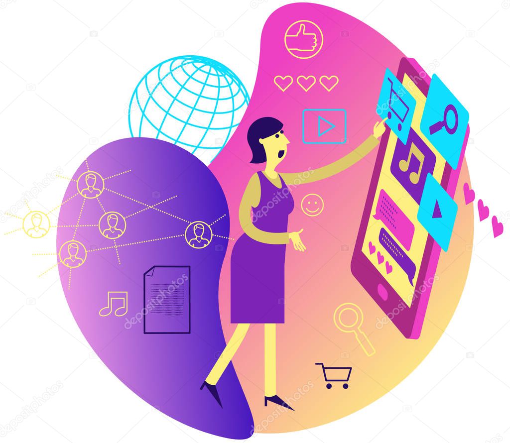 Cartoon character illustration for web design, presentation, infographic, landing page: Woman uses the Internet. Makes a choice in the online store. Works with a mobile app.