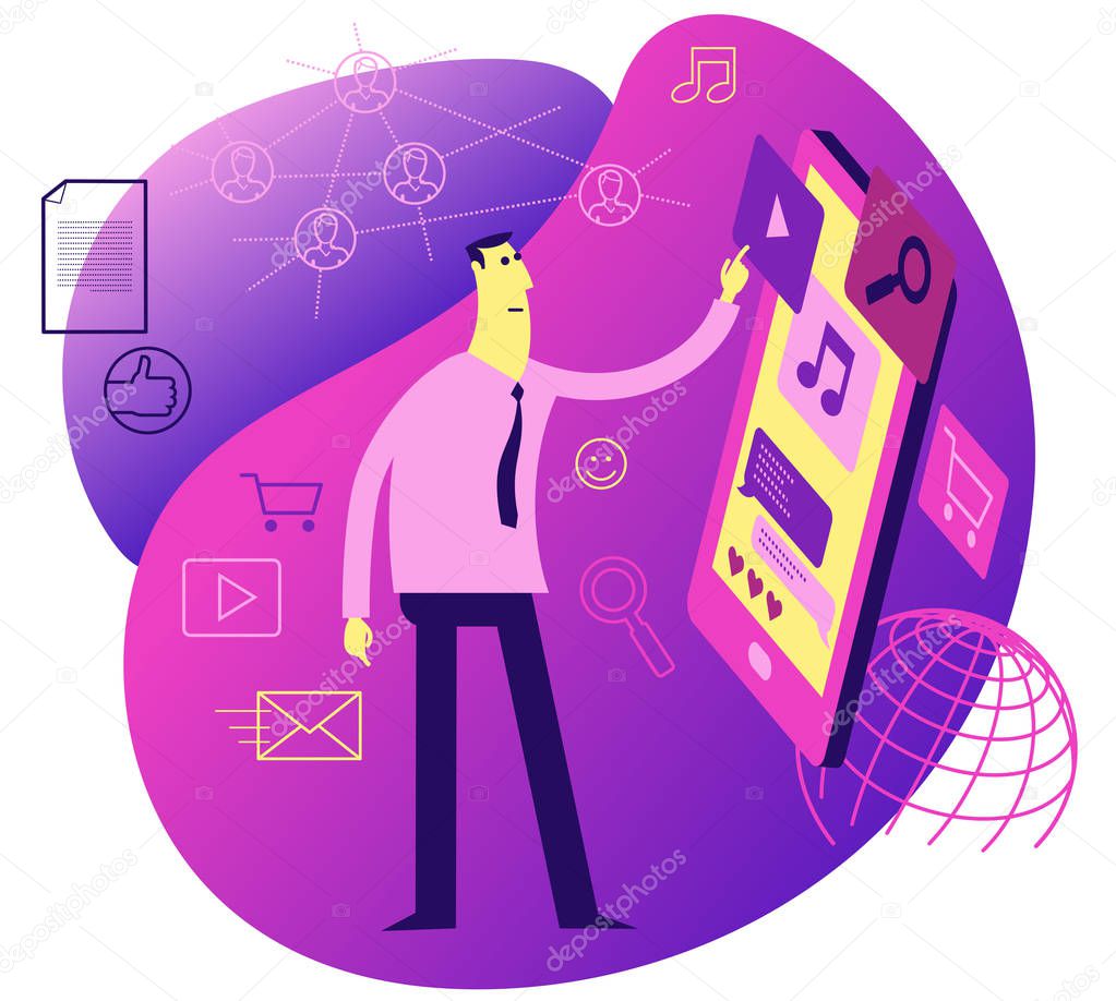 Cartoon character illustration for web design, presentation, infographic, landing page: Woman uses the Internet. Makes a choice in the online store. Works with a mobile app.