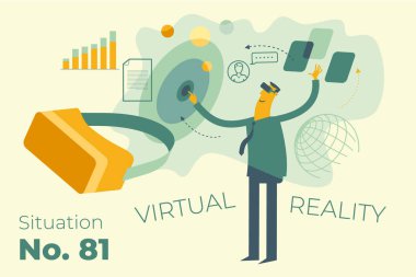 Web tasarımı, sunum, infografik, açılış sayfası için karikatür karakter illüstrasyon: It, Internet, sanal gerçeklik.